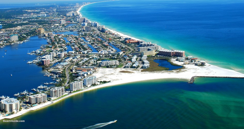 Aerial view of the East Pass, Destin Harbor and the Gulf of Mexico -- the heart of many Destin Florida attractions.