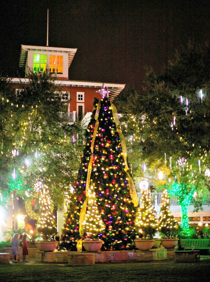 Decorated Christmas tree and holiday lights at Sandestin Golf and Beach Resort's Village of Baytowne Wharf for blog on holiday things to do in Destin and Fort Walton Beach