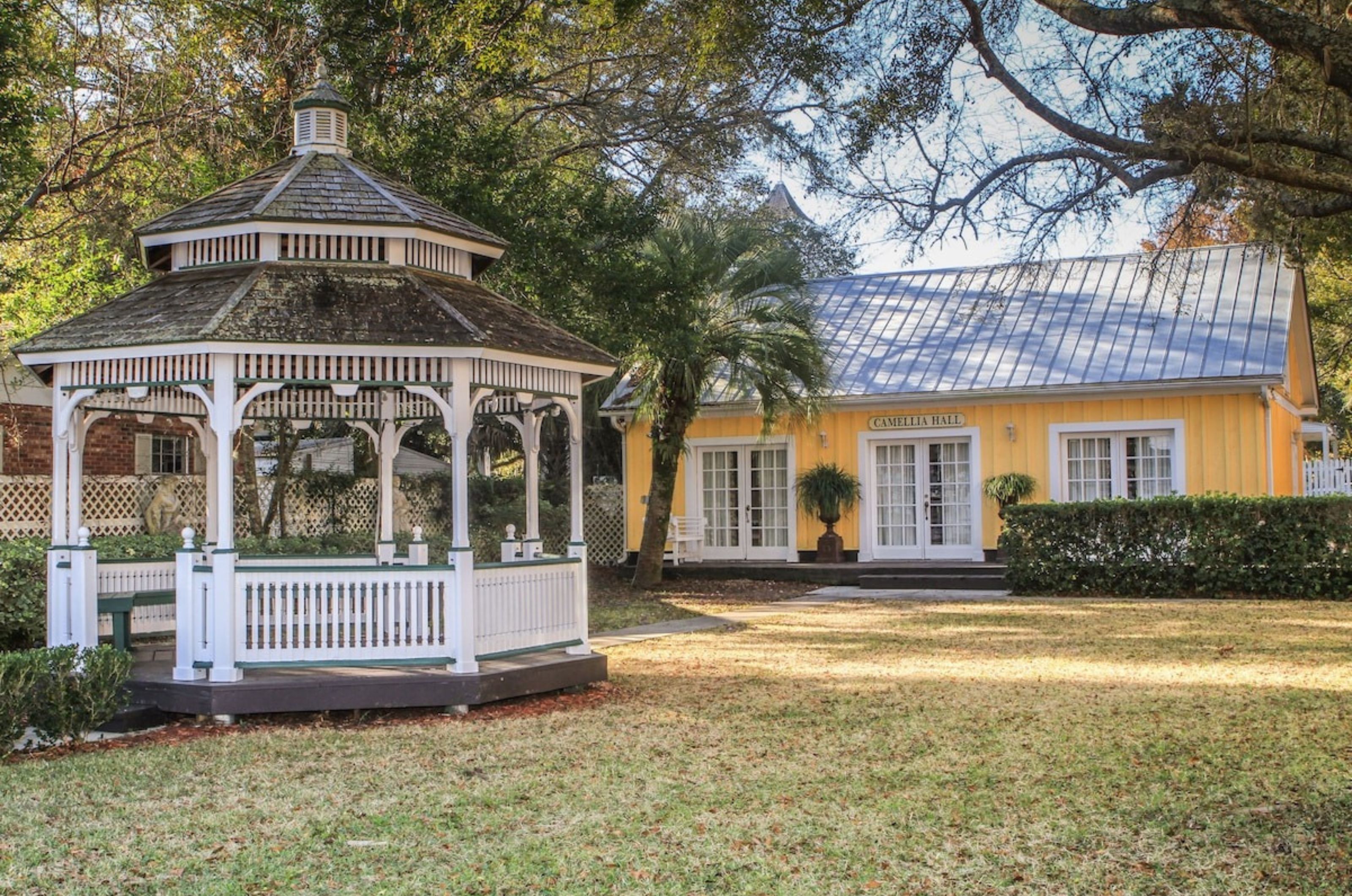 The gazebo and exterior of the event hall at Coombs House in Apalachicola Florida	