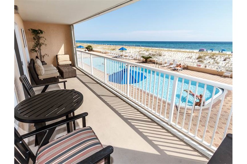 Enjoy a view of the pool and beach from Islander Beach Resort  in Fort Walton Beach Florida