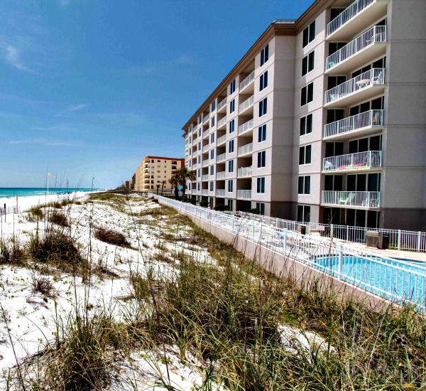 Sea oats and sand dunes outside the Gulf-side swimming pool at Island Princess Fort Walton