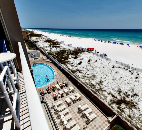 Aerial view of the pool sundeck beach and Gulf at Island Princess Fort Walton