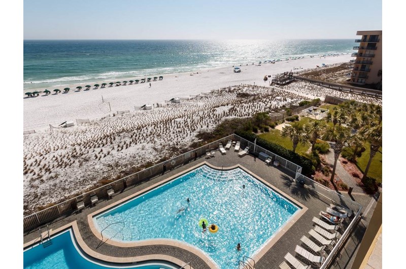View of the pool and beach from Waters Edge Condos in Fort Walton FL