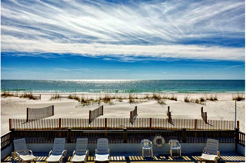 Patio view of beach at Blue Parrot in Gulf Shores AL