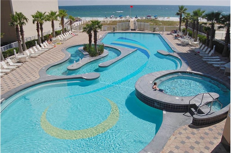 Aerial view of the Lazy River at Crystal Towers Gulf Shores