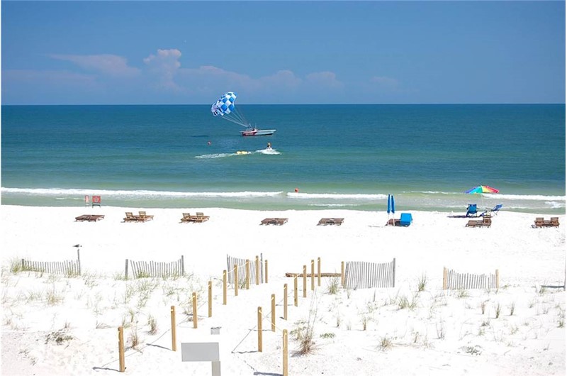 Gorgeous white-sand beach at Driftwood Towers Gulf Shores