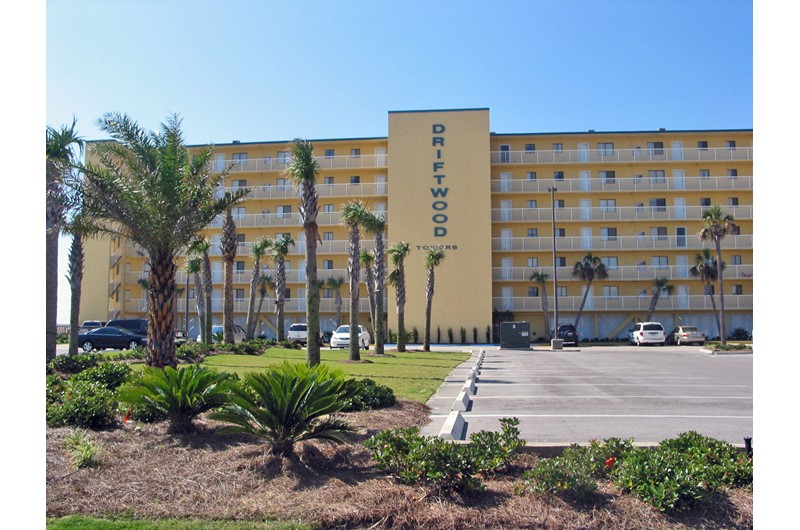 Exterior view from the street at Driftwood Towers Gulf Shores