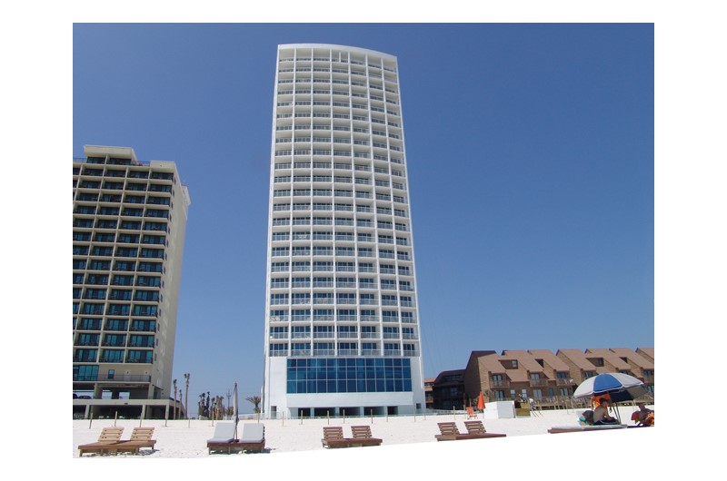 Exterior view from the beach at Island Tower Gulf Shores