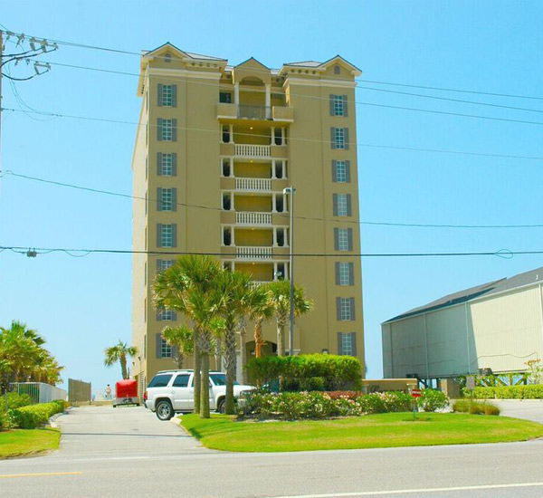 Street view with palm trees and tropical landscaping at Legacy Gulf Shores
