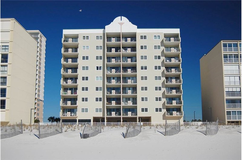 Exterior view from the beach at Tropical Winds Gulf Shores AL