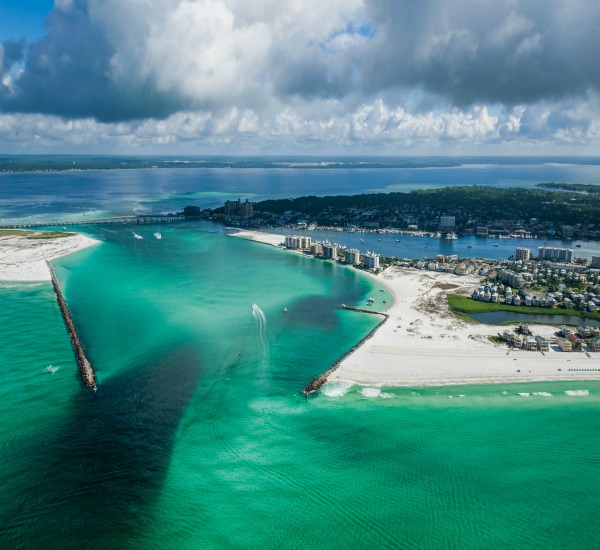 Aerial view of Destin's East Pass by Jetty East Condominiums