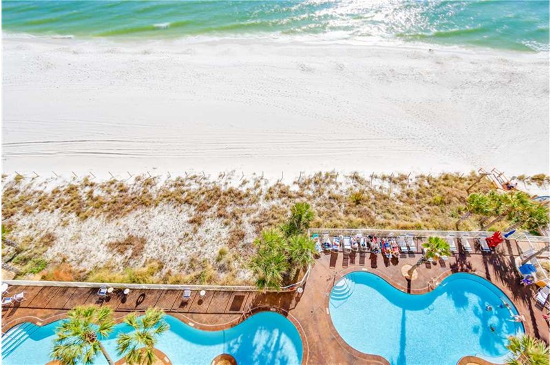 Birds eye view of the pool and beach at SPLASH! in Panama City Beach Florida