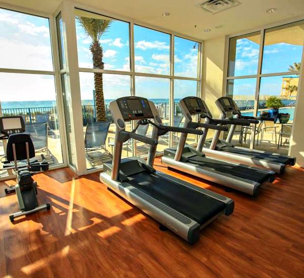 Gulf-facing workout rooms at Sterling Breeze