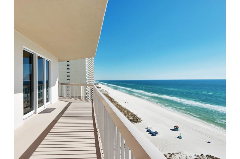 Long view of the shoreline from Sunrise Beach Condominiums  in Panama City Beach Florida